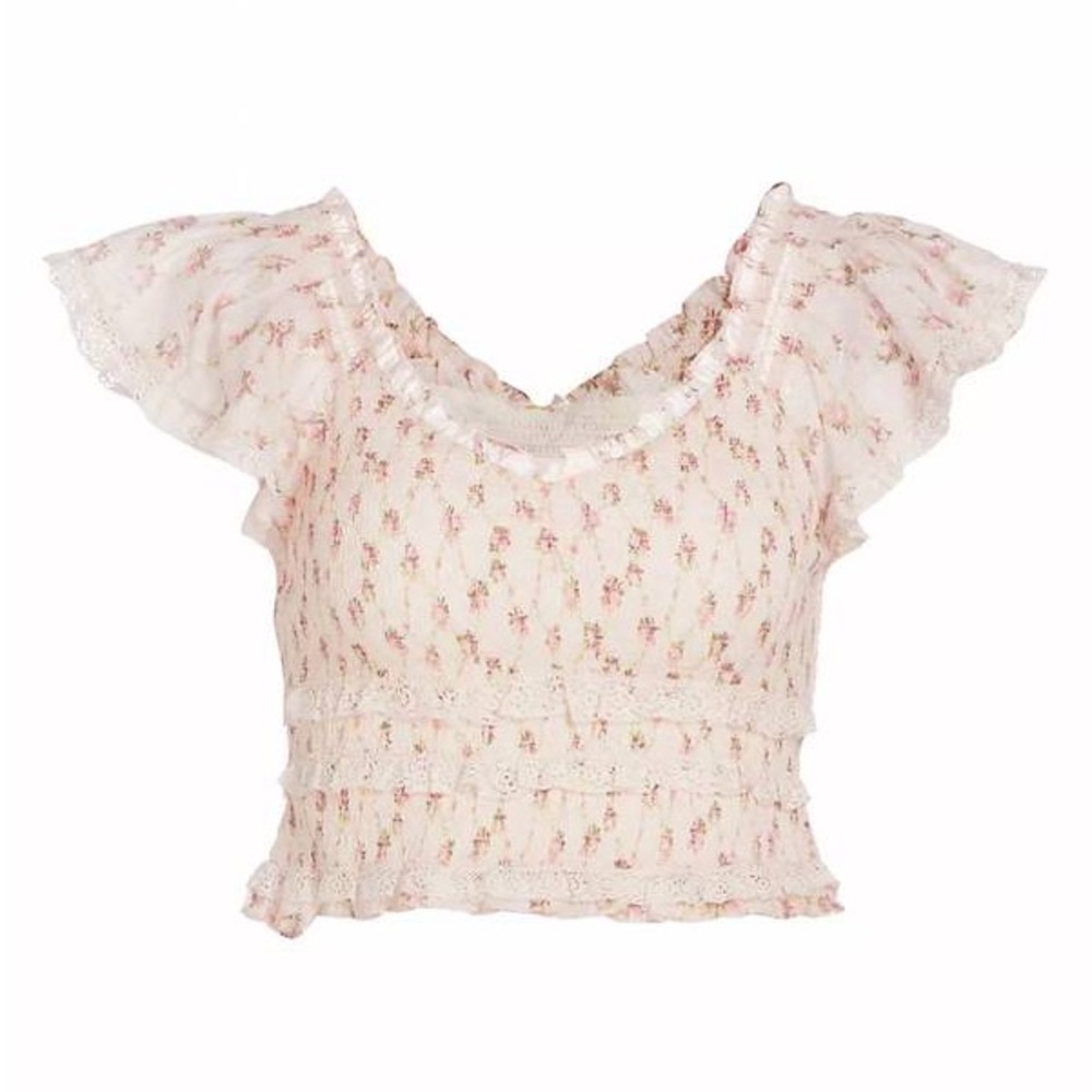 LOVE SHACK FANCY Floral Ruffle Sleeve Top- New With Tags
